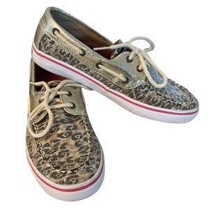 SPERRY TopSider Bahama 2-eye Tan Leopard SPARKLE Boat Shoes Wmns Sz 6